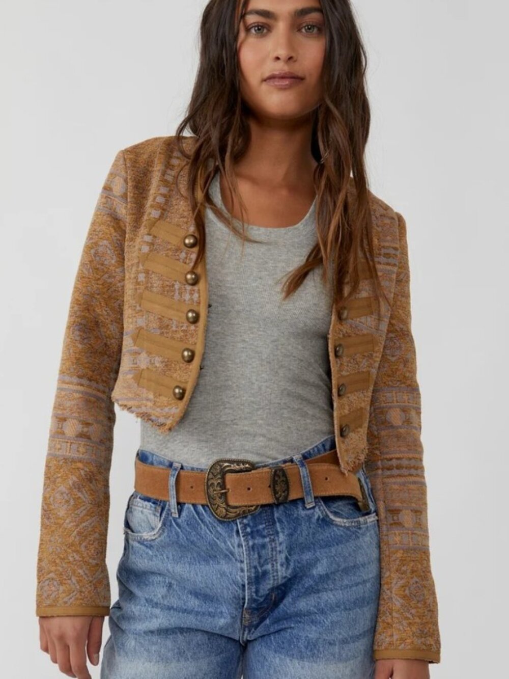 Free People Juliette Cropped Jacket In Gold Combo Size Large